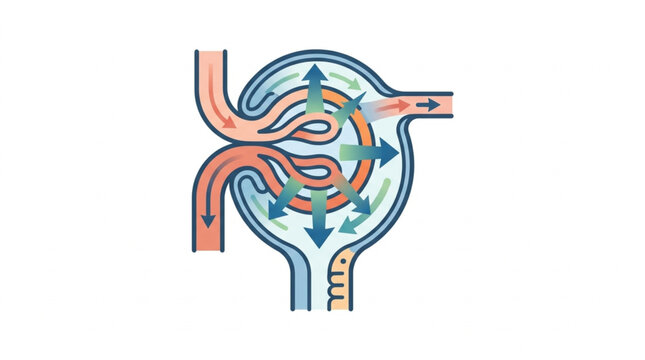 Illustration of a Glomerulus and Bowmans Capsule in the Kidney.