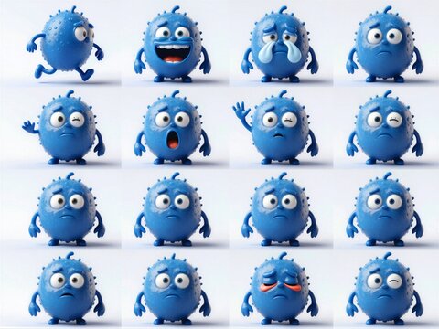 Cobalt Blue Bean-shaped Microbe Fifteen Pose Expression Sheet