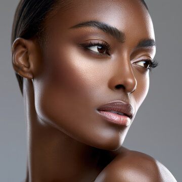 Elegant black woman angular face glowing skin beauty portrait, high fidelity, soft lighting, natural makeup, confident expression