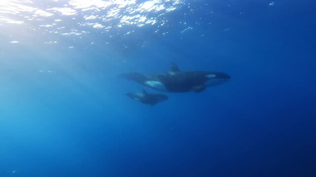 Underwater shot of an orca mother and her calf swimming peacefully through the deep blue waters of the Sea of Cortez in La Ventana, Baja California Sur, M&eacute;xico.