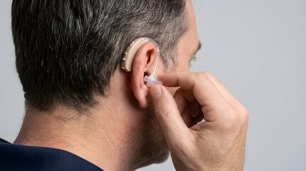 Fototapeta premium Mature man carefully inserting a hearing aid into his ear