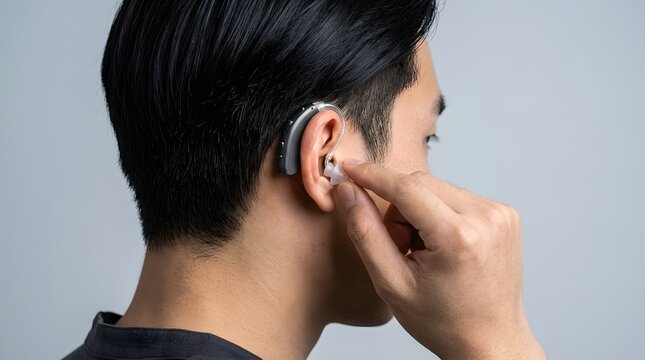 Young Asian man putting a modern hearing aid into his ear