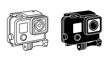 Action Camera Outline and Silhouette: A dual depiction of an action camera, presented in both a clean line drawing and a stark black silhouette, showcasing its compact design and mounting bracket. © md