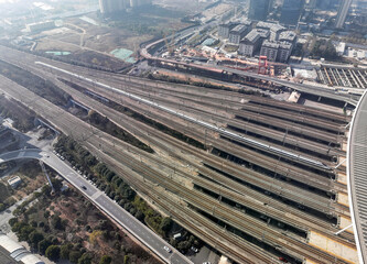 Obraz premium Wuhan Railway Station Aerial View - Busy Urban Rail Hub
