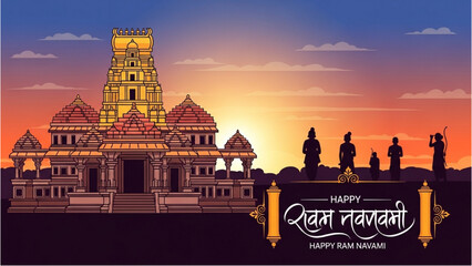 A majestic temple stands at sunset in a serene Indian landscape with people silhouetted in front. © Stock Image Paradise