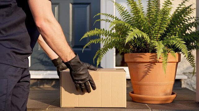 Courier placing a package on the porch next to a potted plant