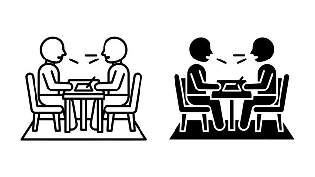 Job Interview Icons: Simple graphic representations of two individuals engaged in a job interview, one interviewing the other across a table.