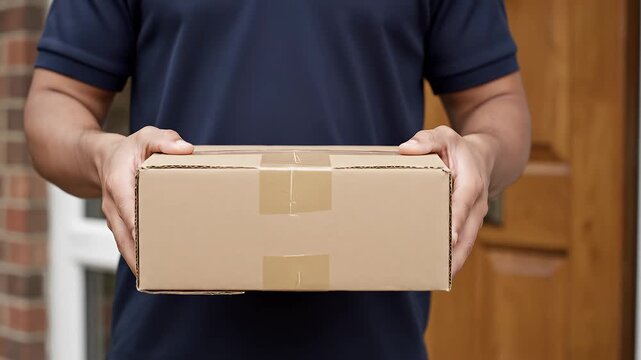 Delivery courier holding a cardboard box package at a front door