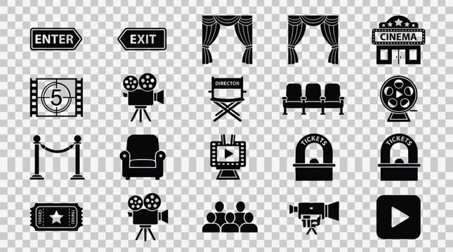 Detailed black vector illustration set of various cinema and movie theater icons on transparent background