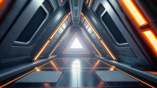 Animation of flying through a futuristic triangular tunnel with glowing orange lights