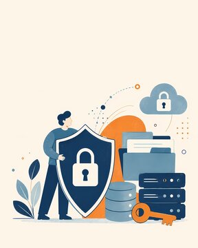 Cyber security and data protection concept with shield padlock cloud and server person securing digital information flat vector illustration