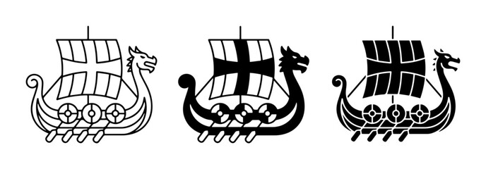 Viking Ship Icons, Nordic Longboat Symbols, Scandinavian Dragon Head Vessels, Norse Mythology Maritime Graphics © pixostudio