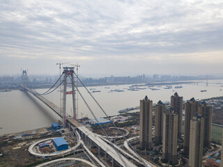 Yangsigang Bridge Construction Over Yangtze River, Wuhan Aerial View © LeVan