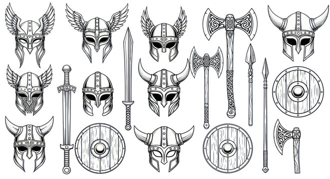 Viking helmets and battle weapons collection.