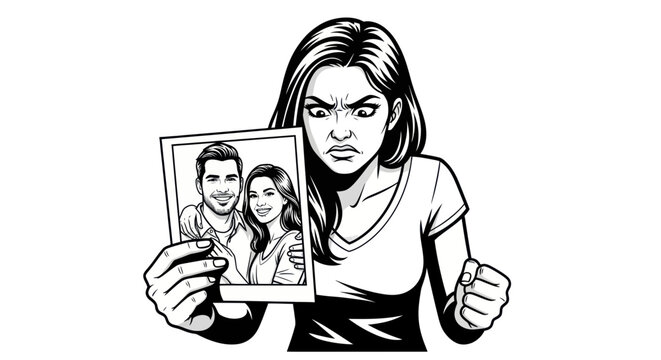 Angry woman holding photo portrait.