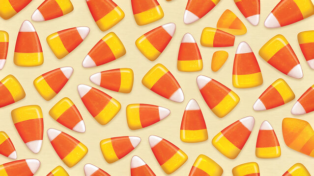 Scattered candy corn on beige background sweets treats Halloween
