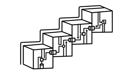 Fototapeta premium Minimalist black and white line art illustration showing a series of interconnected cubic shapes arranged in an ascending stair pattern