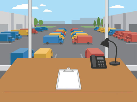 Logistics operations view from an office desk overlooking a busy truck yard during a heat wave. A clipboard and phone suggest dispatching and monitoring.