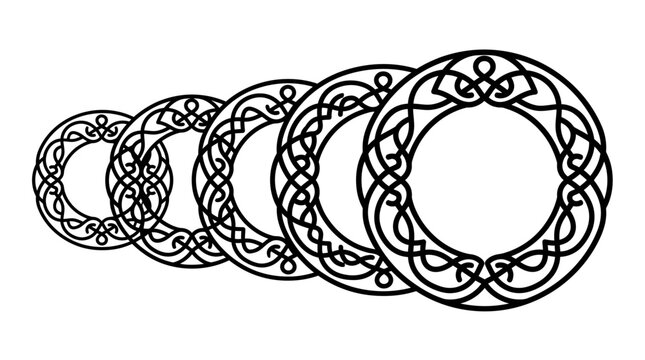 Five circular celtic knotwork frames arranged in a row featuring intricate black interlaced patterns on a clean white graphic background