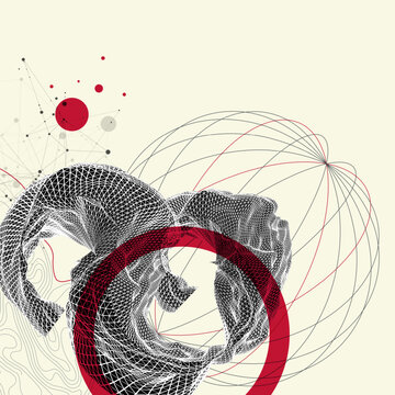 Abstract art composition with wireframe waves, geometric shapes, dots, and lines. Vector