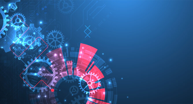 Abstract scientific background with mechanical gears cogs and glowing geometric circles