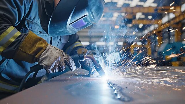 Professional welder fusing metal with bright sparks in factory