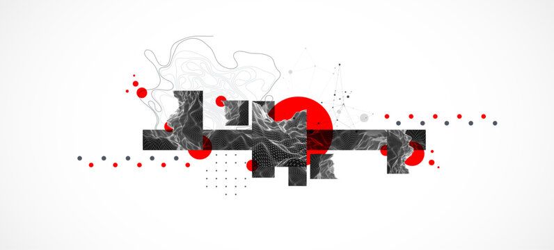 Abstract wireframe graphic background with red circles black geometric shapes and wave lines. Vector