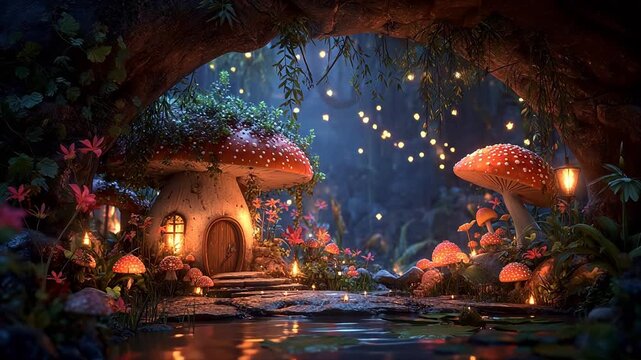 Fairy mushroom house in enchanted forest