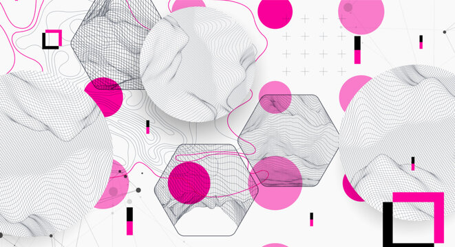 Science research visualization vector with structure models and purple elements. Wireframe art.
