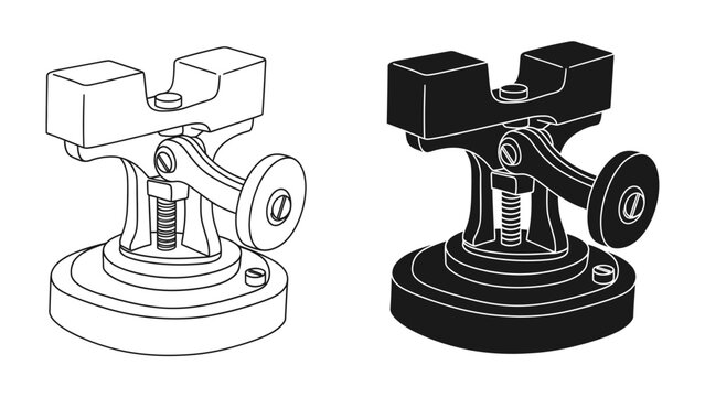 Vise Mechanism Illustration: Two detailed illustrations of a mechanical vise, one in outline and the other in silhouette, showcasing its intricate parts and industrial design.