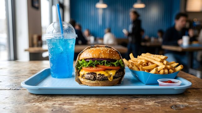 Classic cheeseburger meal with french fries and blue raspberry soda