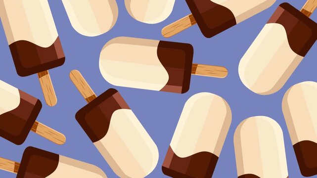 Seamless repeating pattern featuring vanilla popsicles dipped in rich chocolate on a soft blue background. Perfect for summer promotions, frozen dessert branding, food advertising