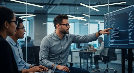 Programmers Collaborating Over Computer Code Displayed On A Large Monitor In Office © 121icons