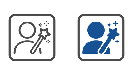 Magic Wand User Icon: Two stylized icons depict a user profile silhouette holding a magic wand with sparkling stars, representing magic, innovation, or special features. © Mdalamgir