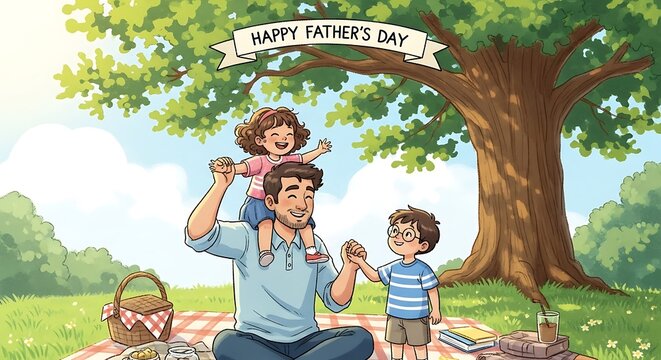 Father and Child Celebrating Fathers Day Outdoors Under Tree.