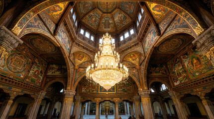 Fototapeta premium Ornate Grand Chandelier in Elaborate Domed Hall with Rich Murals and Natural Light
