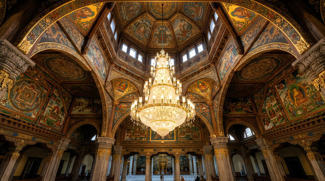 Ornate Grand Chandelier in Elaborate Domed Hall with Rich Murals and Natural Light