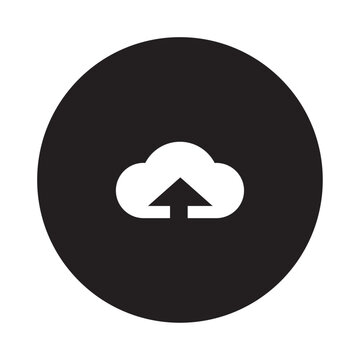 Cloud upload icon a white silhouette against a solid black circular background