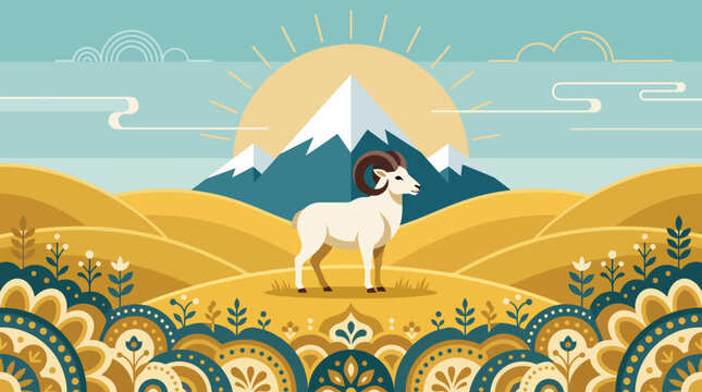 Stylized folk-art illustration of a white dog with a black face standing on sunlit yellow hills under a turquoise sky with intricate decorative foreground patterns