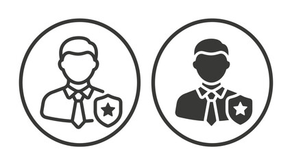 Fototapeta premium Security Iconography: Two circular icons depicting a person wearing a tie and suit jacket, accompanied by a shield icon with a star, symbolizing protection, security, or personal data.