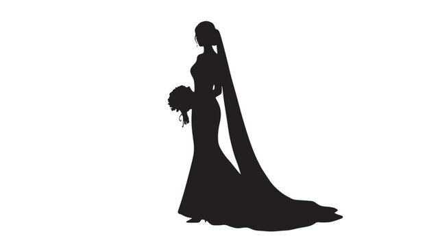 Elegant bride silhouette in long wedding dress with veil, graceful woman holding flower bouquet vector, bridal fashion profile on white background