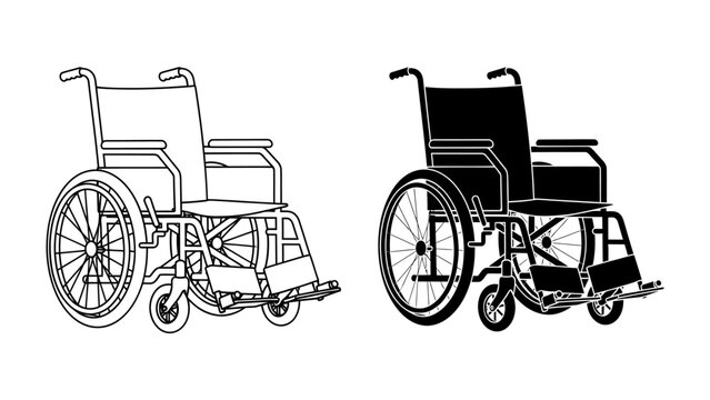Wheelchair Silhouette and Outline: A clear and concise depiction of a wheelchair, presented in both a black silhouette and a detailed line drawing.