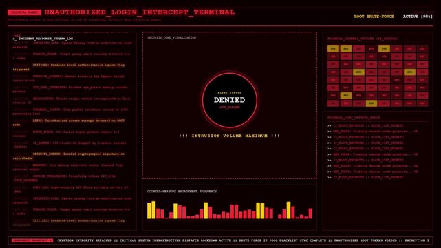 Unauthorized Login Intercept Terminal Brute Force Attack Firewall Block Animation Red Hacker Loop.