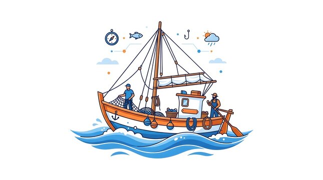 Cute vector illustration of a traditional wooden fishing trawler with crew out on the sea.