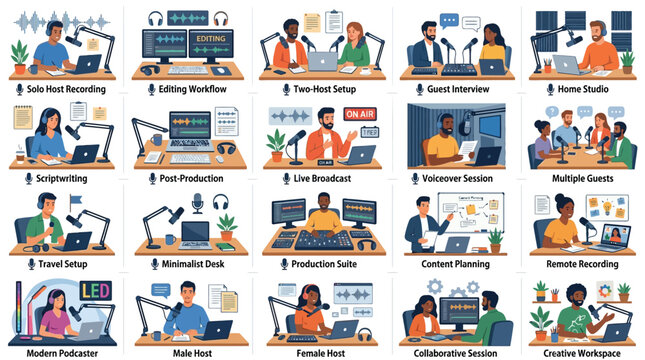 Illustrated icons showing different podcast recording setups and workflows Vector, illustration