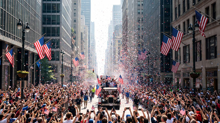 Obraz premium Crowd celebrating Fourth of July parade with confetti and American flags.