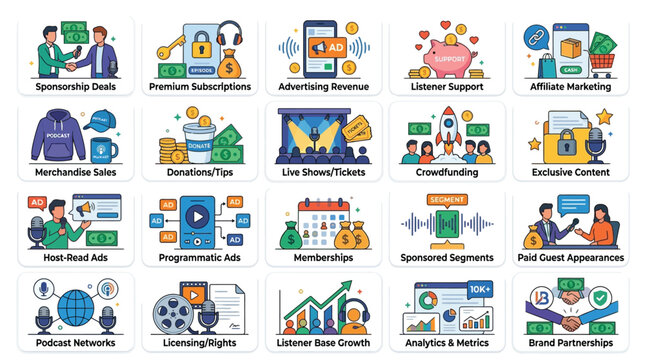 Creative ways to monetize a podcast or online content platform Vector, illustration