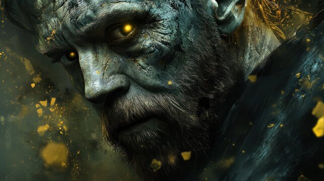 Close-up of a decaying, zombie-like male figure, intense gaze, gold-yellow eyes, aged face, rough texture