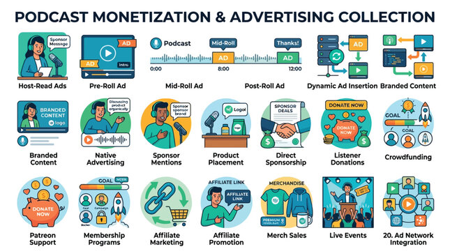 Podcast monetization and advertising methods infographic icons collection Vector, illustration
