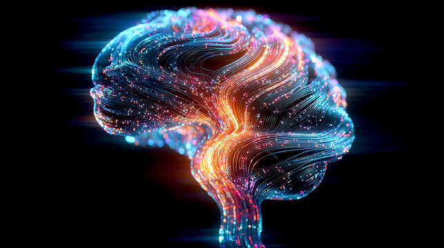 Futuristic Artificial Intelligence Concept with Glowing Human Brain Formed by Colorful Light Strands Data Particles and Digital Waves on Black Background